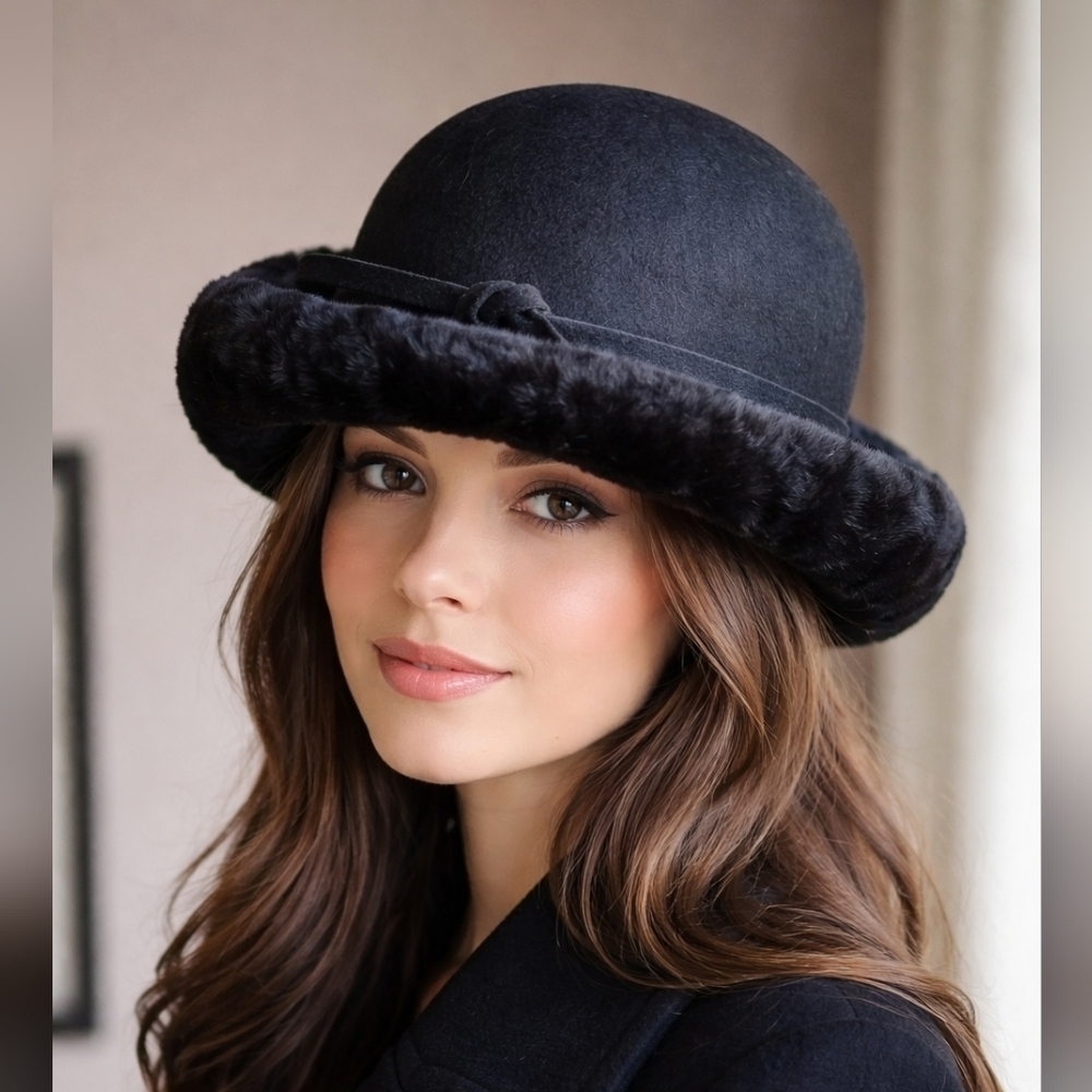 Elegant Vintage Betmar Wool Felt Black Hat 100% Wool Hat Fair Fur Made In USA